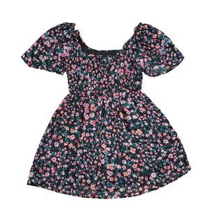 BCBG Paris Smocked Floral Mini Dress Flutter Sleeve L Fairy Grunge Milkmaid